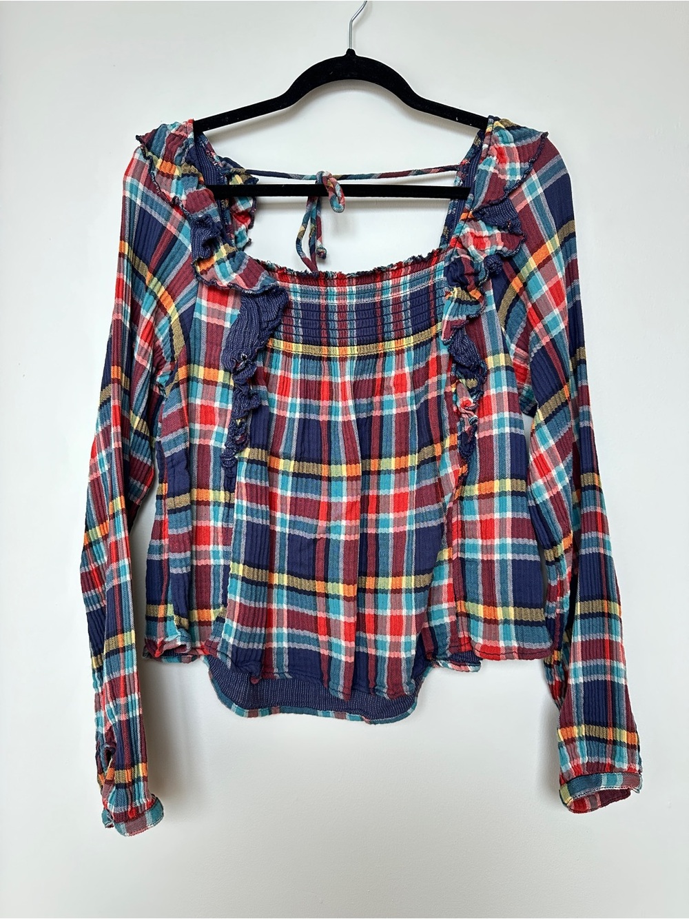 Free People Multicolor Plaid Ruffle-Trim Long Sleeve Top